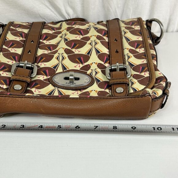Rare Fossil Vintage Bird Print Canvas Messenger Turn Lock Bag Handle Crossbody - Picture 5 of 12